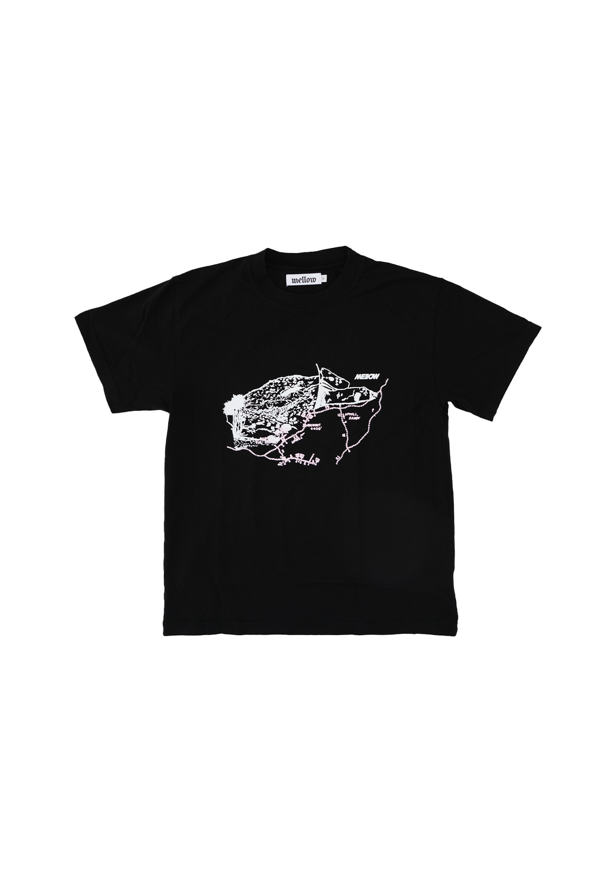 Mellow black jersey short sleeve with white 'map' graphic, high quality, made in the usa