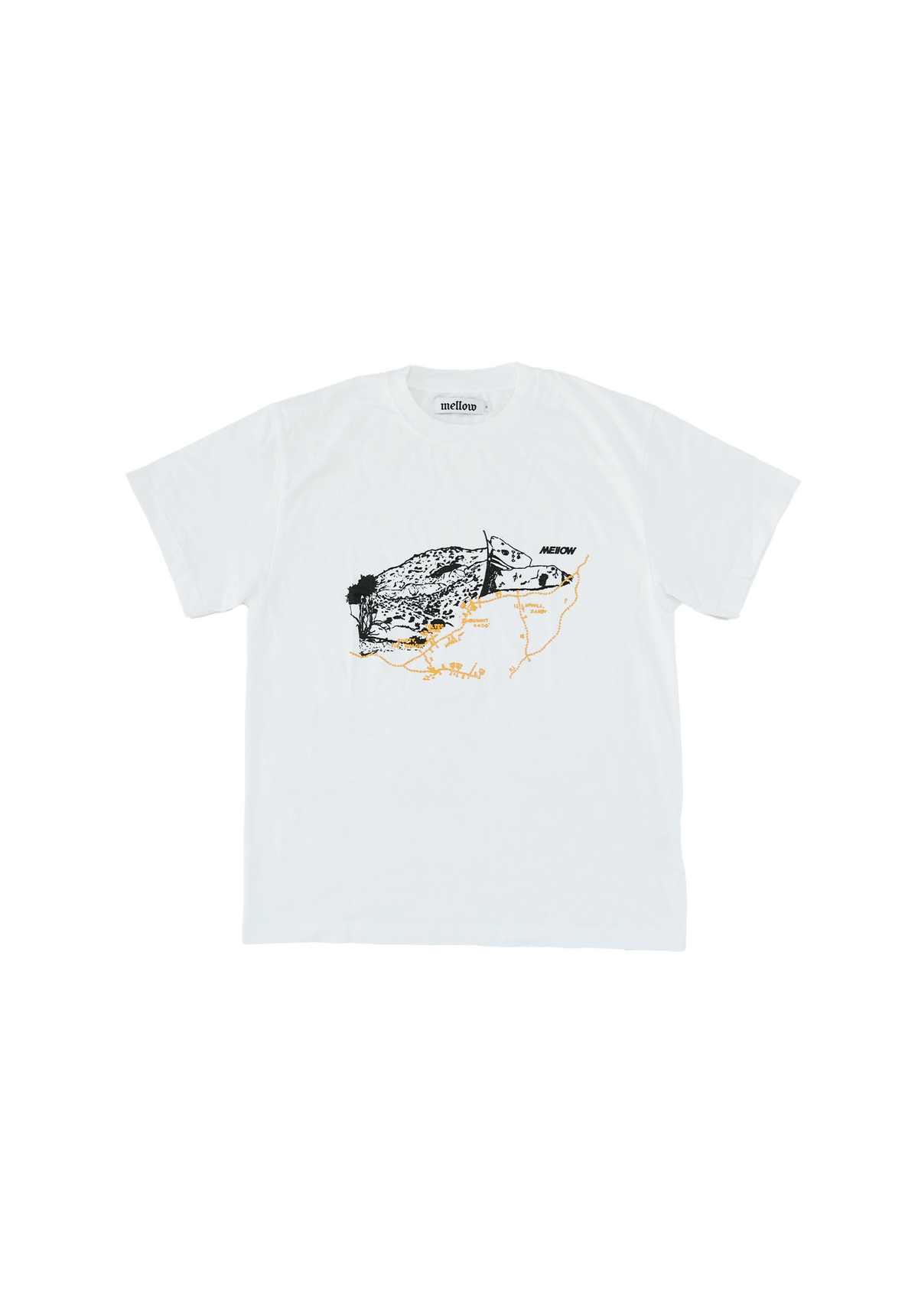 Mellow white jersey short sleeve with black 'map' graphic, high quality, made in the usa