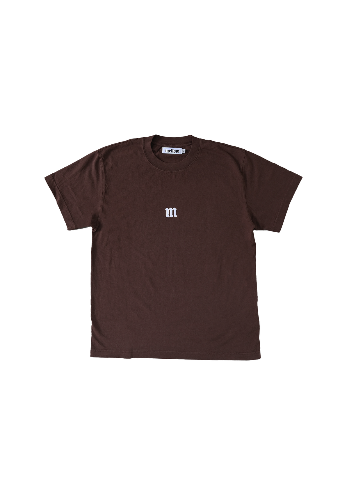 Mellow chocolate brown jersey short sleeve with colorful 'M' graphic, high quality, made in the usa