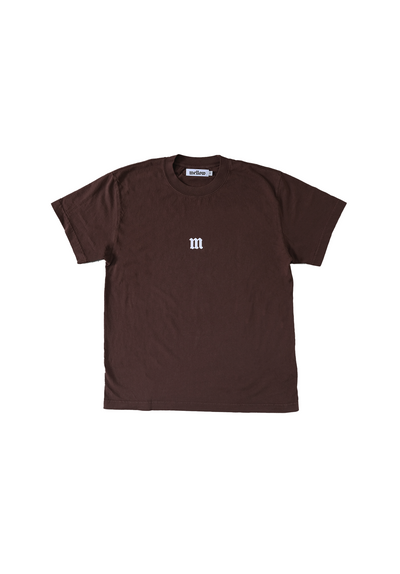 Mellow chocolate brown jersey short sleeve with colorful 'M' graphic, high quality, made in the usa