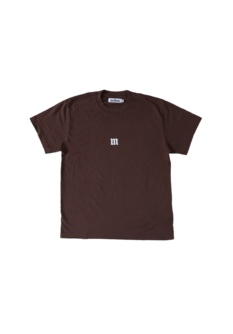 Mellow chocolate brown jersey short sleeve with colorful 'M' graphic, high quality, made in the usa