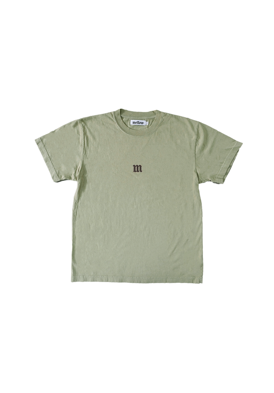 Mellow sage green jersey short sleeve with colorful 'M' graphic, high quality, made in the usa