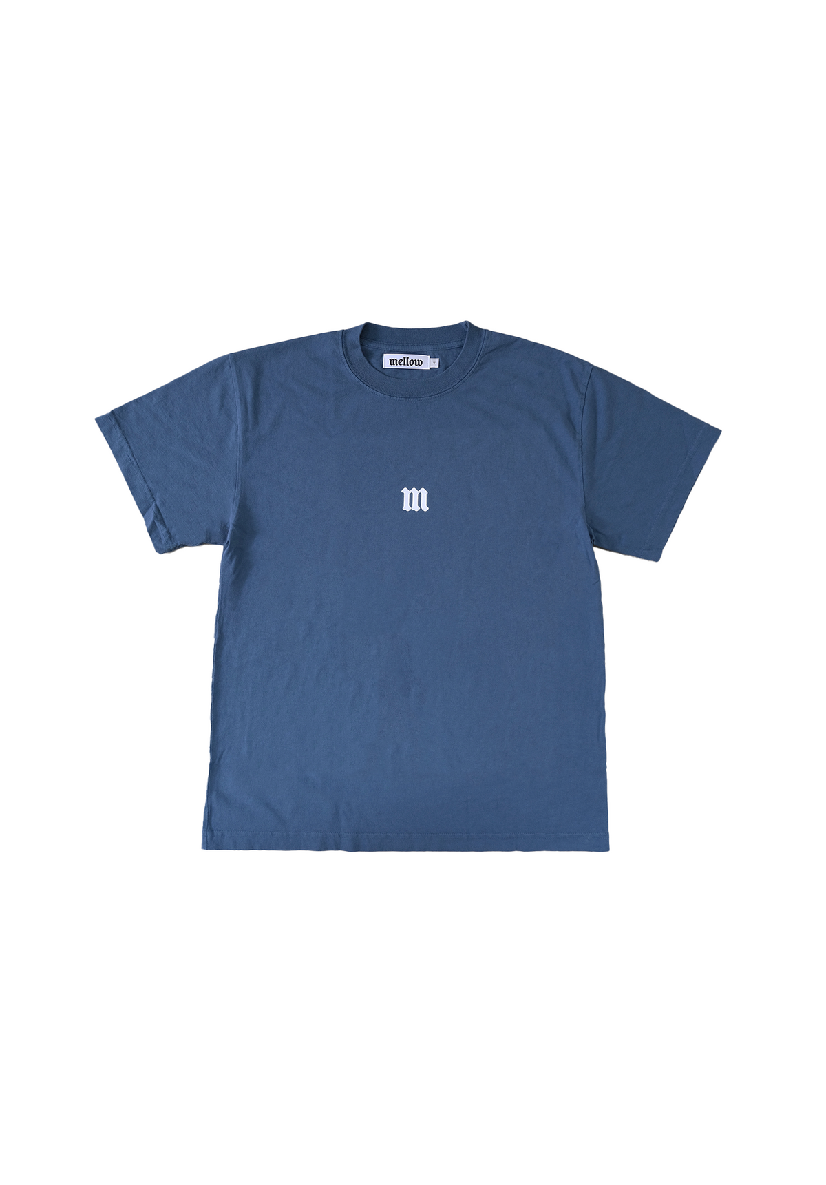 Mellow steel blue jersey short sleeve with colorful 'M' graphic, high quality, made in the usa