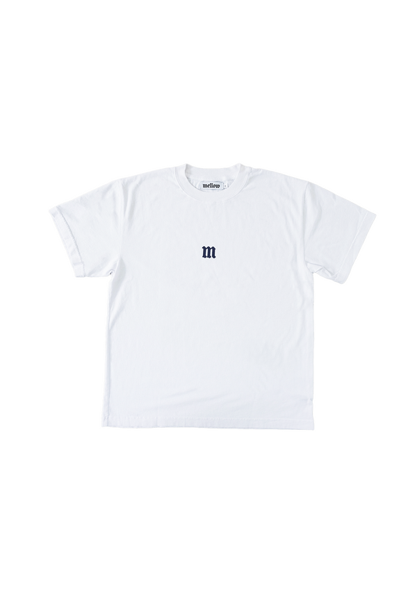 Mellow white jersey short sleeve with colorful 'M' graphic, high quality, made in the usa