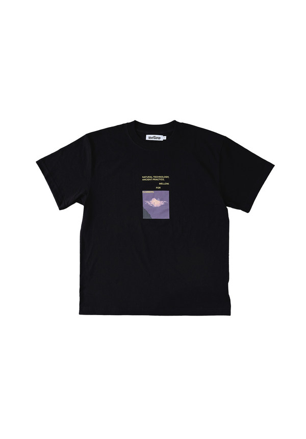 Mellow vintage black jersey short sleeve with colorful 'natural technology' graphic, high quality, made in the usa