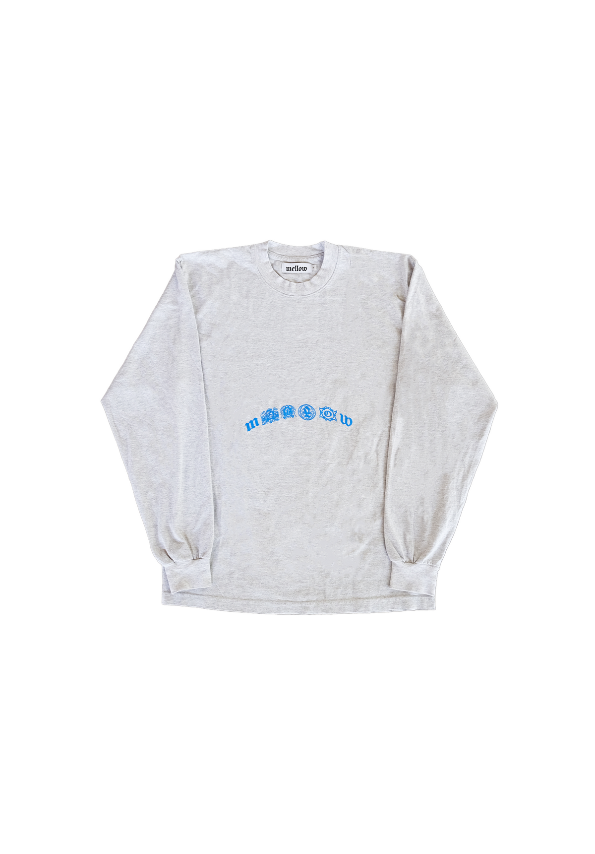 Mellow heather grey jersey long sleeve loose fitting tee shirt, 'mellow' graphic on the front, high quality, 100% cotton made in the usa