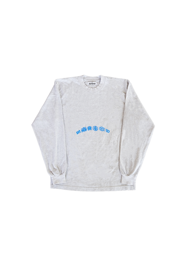 Mellow heather grey jersey long sleeve loose fitting tee shirt, 'mellow' graphic on the front, high quality, 100% cotton made in the usa