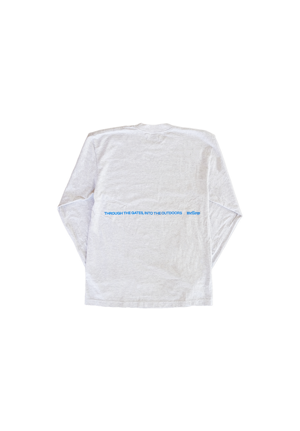 Mellow heather grey jersey long sleeve loose fitting tee shirt, 'mellow' graphic on the front, high quality, 100% cotton made in the usa