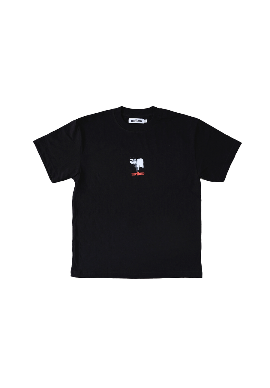 Mellow black jersey short sleeve with colorful 'dog' graphic, high quality, made in the usa