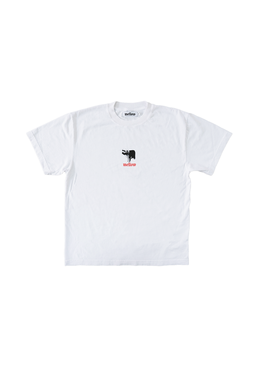 Mellow white jersey short sleeve with colorful 'dog' graphic, high quality, made in the usa