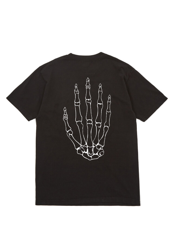 Mellow black jersey short sleeve with 'mellow ' logo on it and skeleton hand graphic, high quality, made in the usa