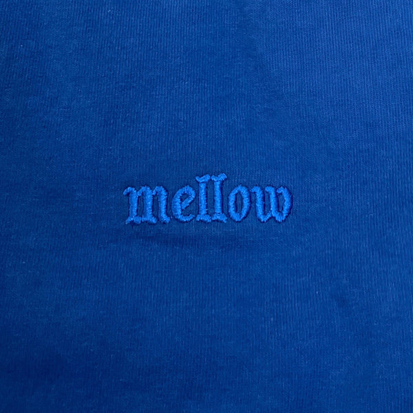 Mellow embroidered blue monotone jersey short sleeve with 'mellow' logo on it, high quality, made in the usa, 100% cotton
