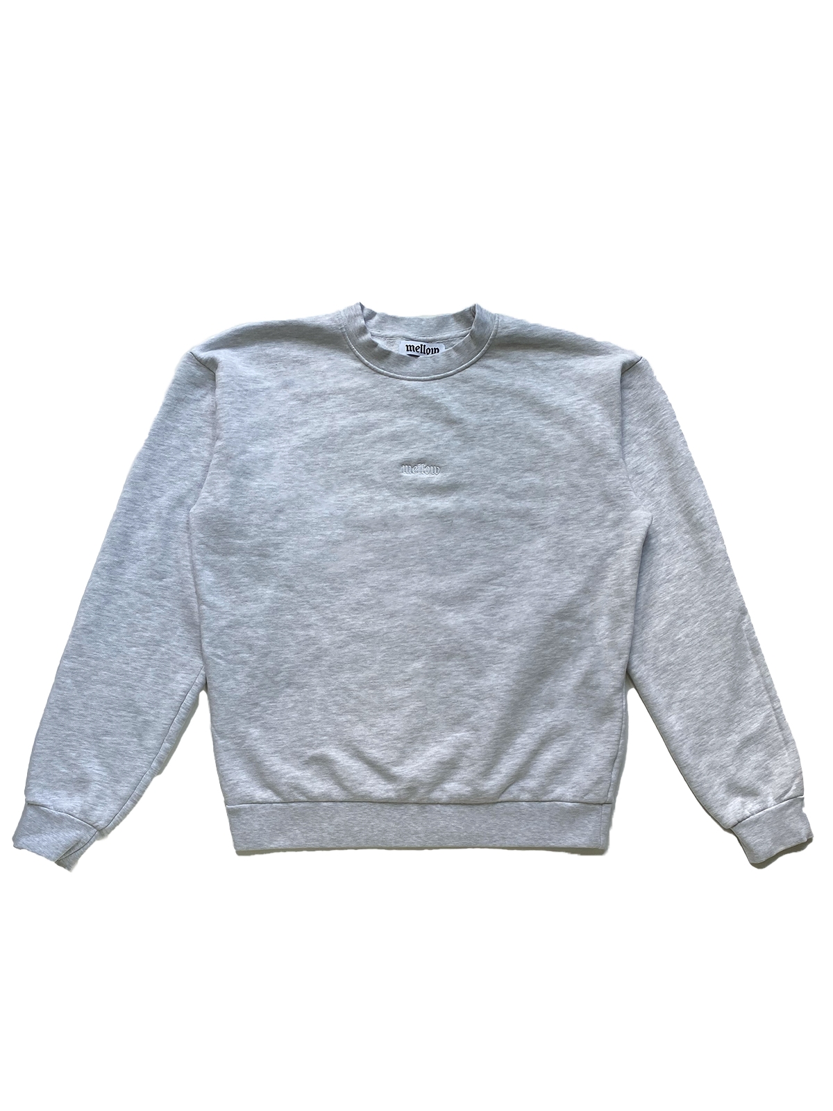 Mellow heather grey long sleeve crewneck with 'mellow' logo on it, high quality, made in the usa, 100% cotton