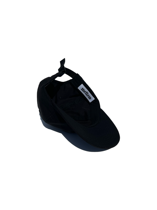 Mellow black 5-panel snapback hat with 'mellow ' logo on it, high quality, made in the usa, 100% cotton twill