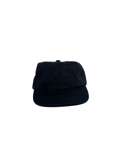Mellow black 5-panel snapback hat with 'mellow ' logo on it, high quality, made in the usa, 100% cotton twill