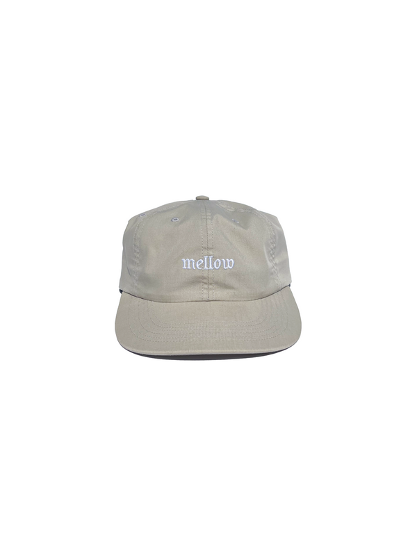 Mellow beige 5-panel snapback hat with 'mellow ' logo on it, high quality, made in the usa, 100% cotton twill