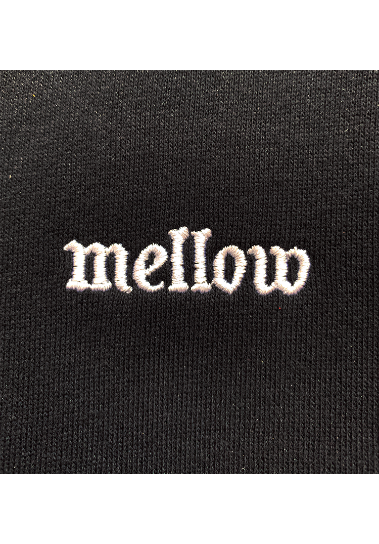 Mellow black hoodie with 'mellow ' logo embroidered on it, high quality, made in the usa