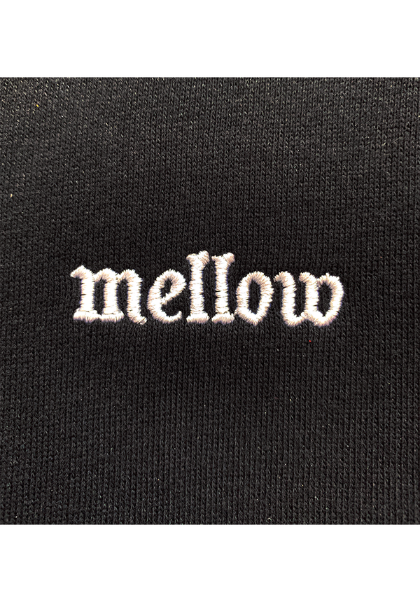 Mellow black hoodie with 'mellow ' logo embroidered on it, high quality, made in the usa