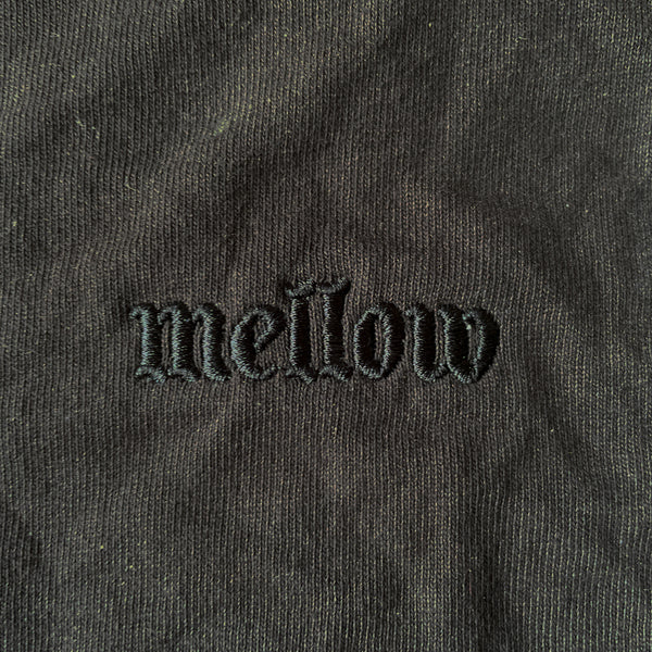 Mellow embroidered washed black monotone jersey short sleeve with 'mellow' logo on it, high quality, made in the usa, 100% cotton