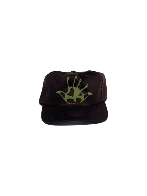 Mellow Earth brown graphic 5 panel hat with hand graphic, high quality. 100% cotton made in the usa