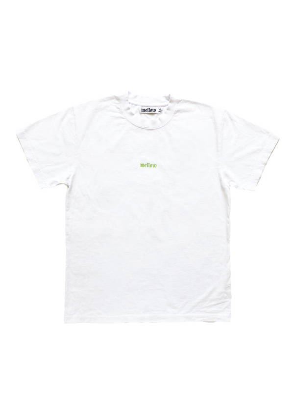 Mellow white jersey short sleeve with green 'mellow' logo graphic, high quality, made in the usa