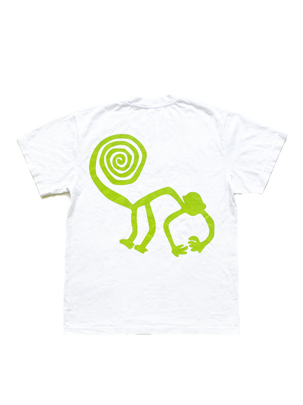 Mellow white jersey short sleeve with green 'mellow' logo graphic, high quality, made in the usa