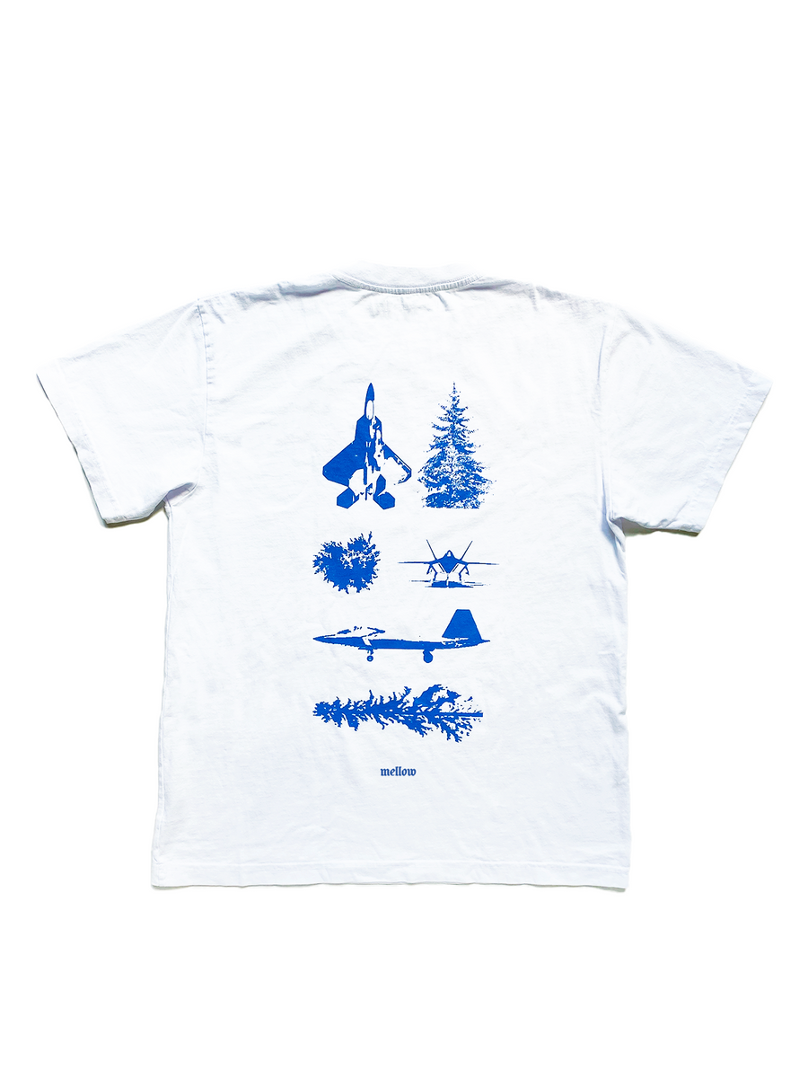 Mellow white graphic jersey short sleeve tee shirt with 'planes' and 'tree' graphics on the back, high quality, 100% cotton, made in the usa