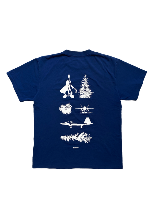 Mellow navy blue graphic jersey short sleeve tee shirt with 'planes' and 'tree' graphics on the back, high quality, 100% cotton, made in the usa