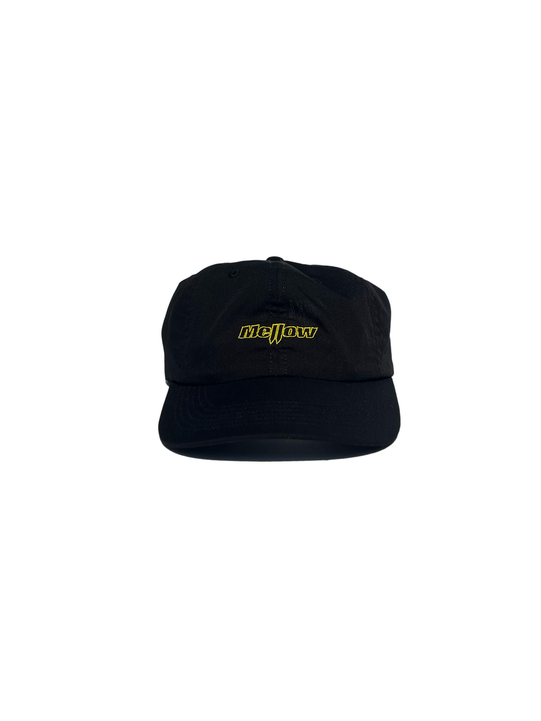 Mellow black 6 panel hat with 'mellow' in yellow embroidered on the front, high quality. 100% cotton made in the usa