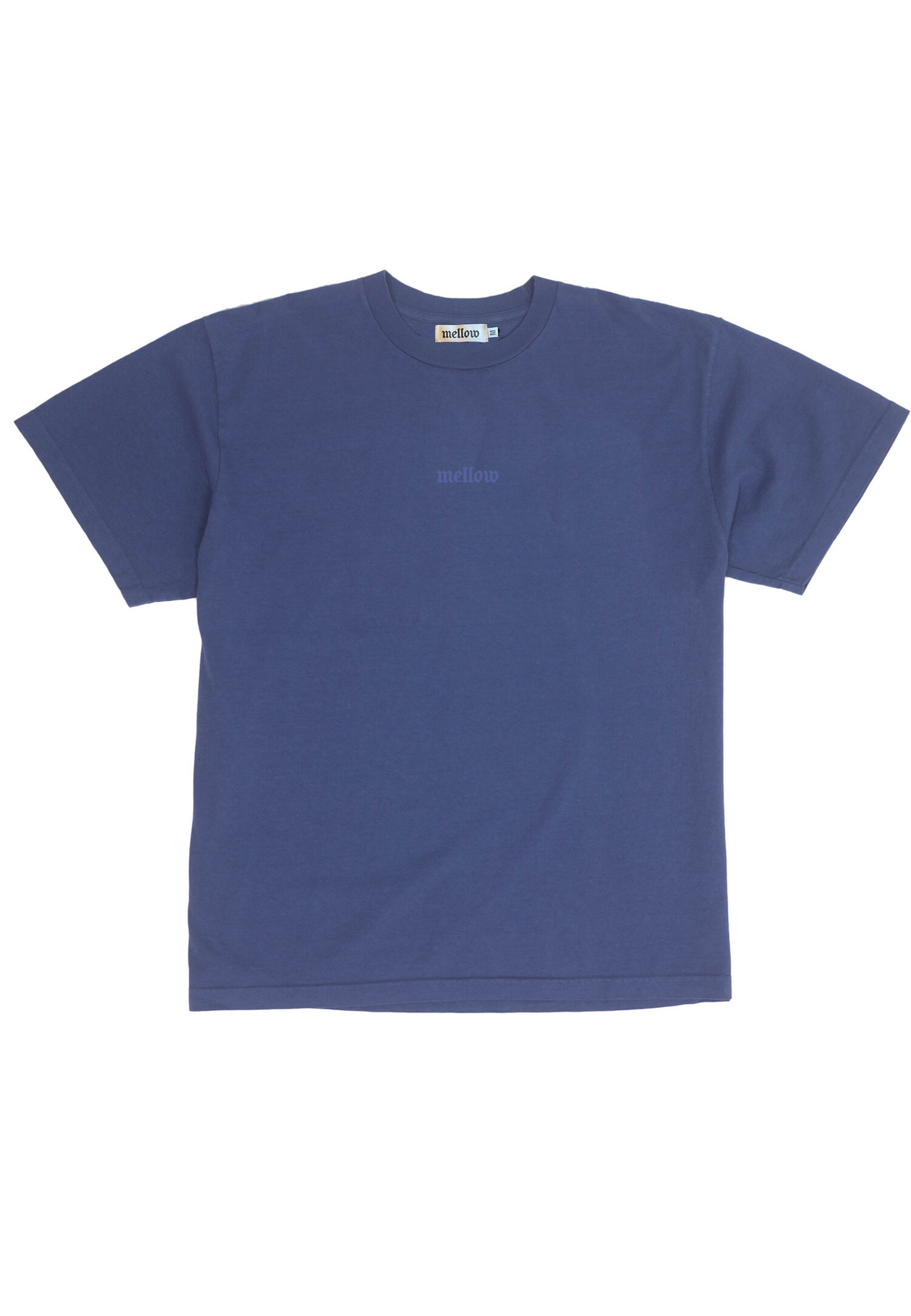 Mellow embroidered blue monotone jersey short sleeve with 'mellow' logo on it, high quality, made in the usa, 100% cotton