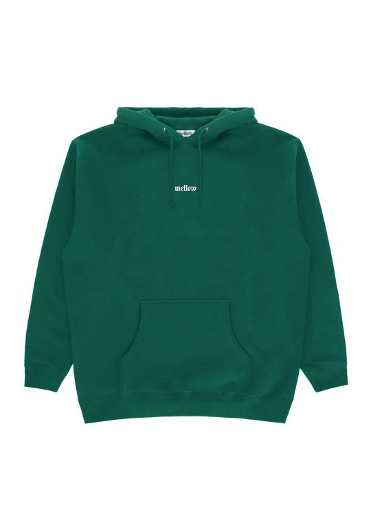 Mellow dark green hoodie with 'mellow ' logo embroidered on it, high quality, made in the usa