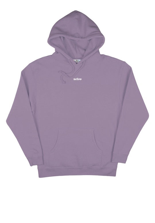 Mellow lavender hoodie with 'mellow ' logo embroidered on it, high quality, made in the usa