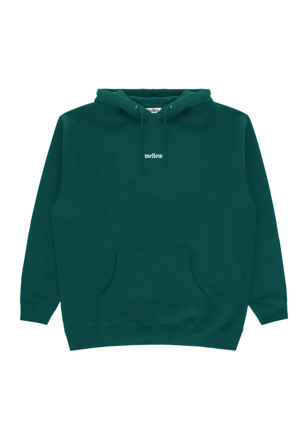 Mellow green hoodie with 'mellow ' logo embroidered on it, high quality, made in the usa