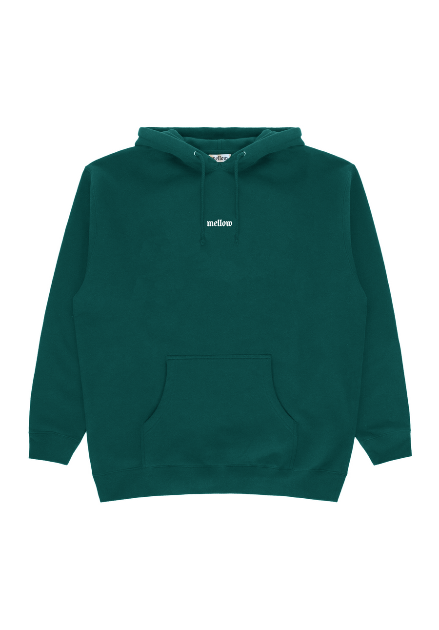 Mellow green hoodie with 'mellow ' logo embroidered on it, high quality, made in the usa