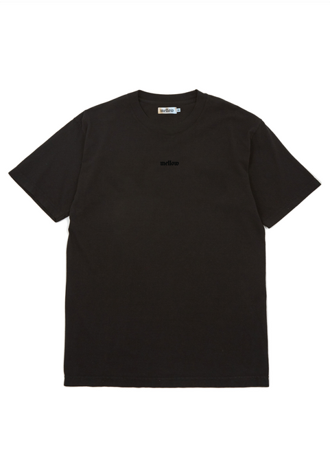 Mellow embroidered washed black monotone jersey short sleeve with 'mellow' logo on it, high quality, made in the usa, 100% cotton