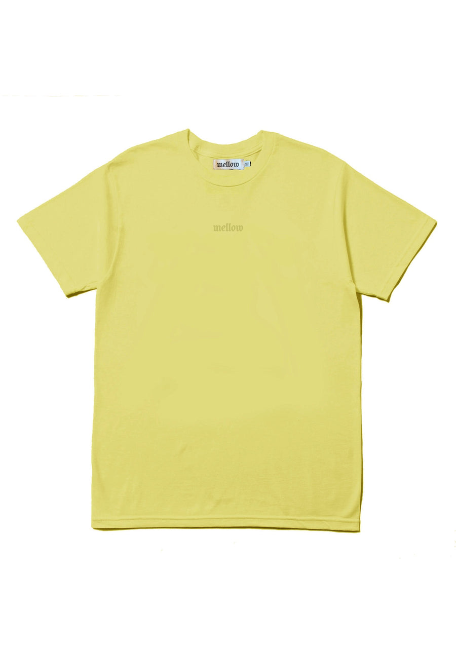 Mellow embroidered yellow monotone jersey short sleeve with 'mellow' logo on it, high quality, made in the usa, 100% cotton