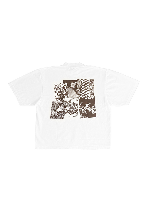 Mellow white and brown t-shirt with collage graphic on the front, high quality loose fit shirt. 100% cotton made in the usa