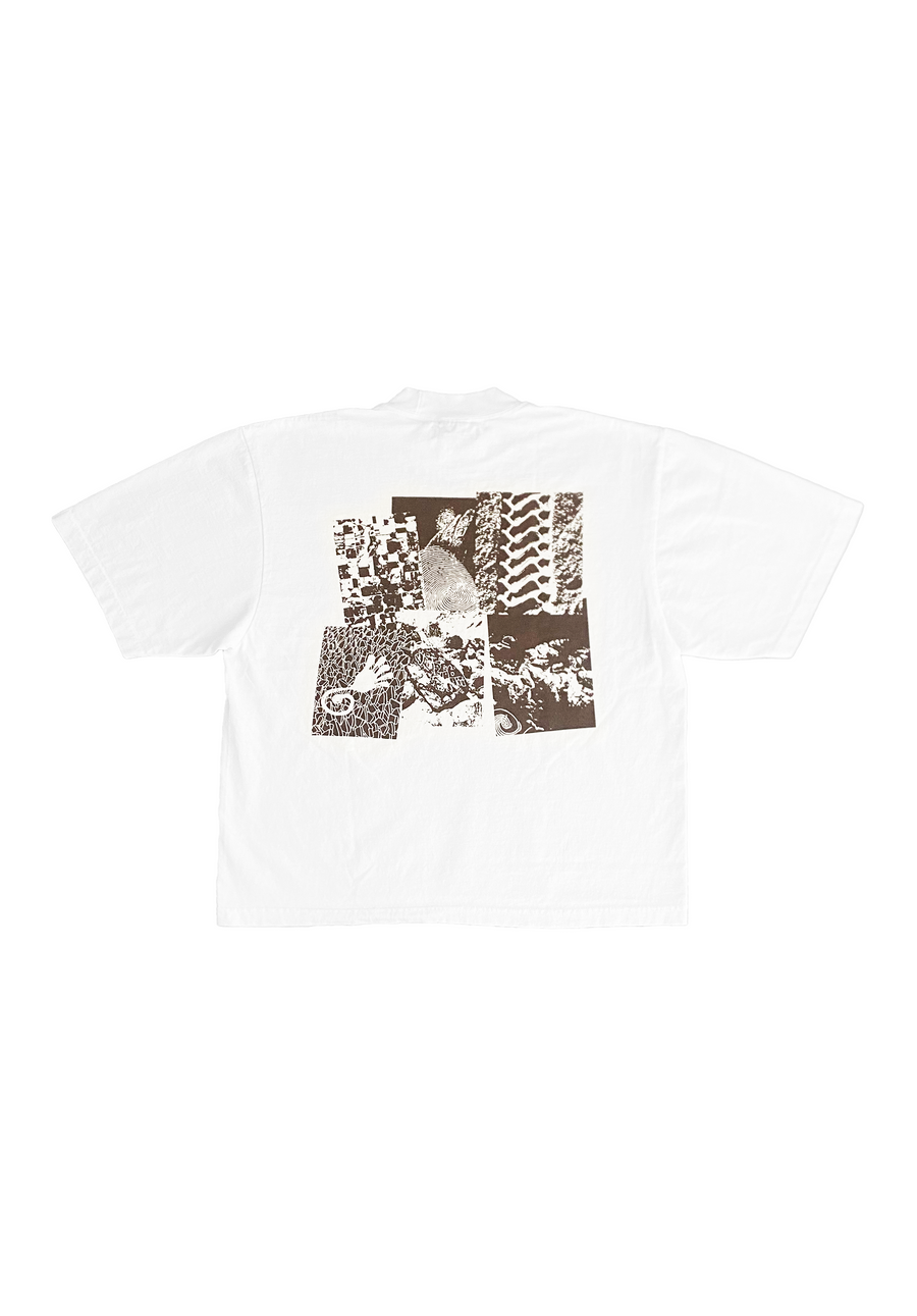 Mellow white and brown t-shirt with collage graphic on the front, high quality loose fit shirt. 100% cotton made in the usa