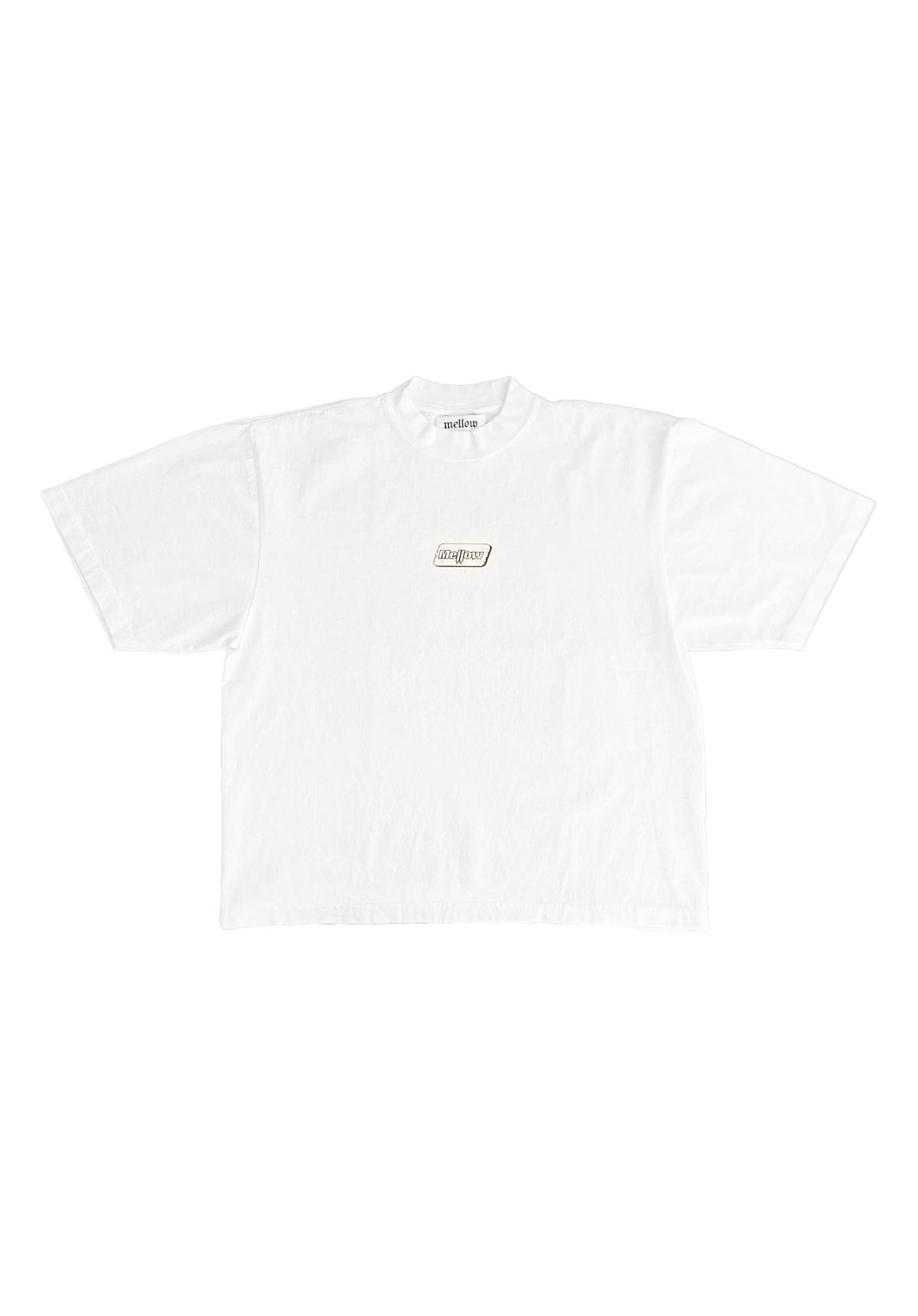 Mellow white and brown t-shirt with collage graphic on the front, high quality loose fit shirt. 100% cotton made in the usa