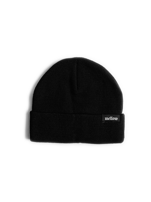 Mellow black beanie with 'mellow' logo on it, high quality, made in the usa, 100% acrylic